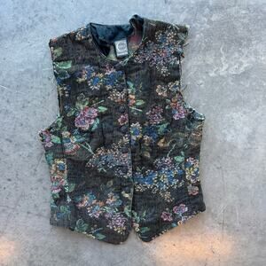 Vintage Y2k Victorian Floral Corduroy Brown Button Up Women's Vest Small